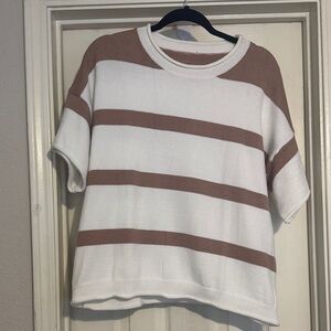 White and Brown Striped Short Sleeve Sweater